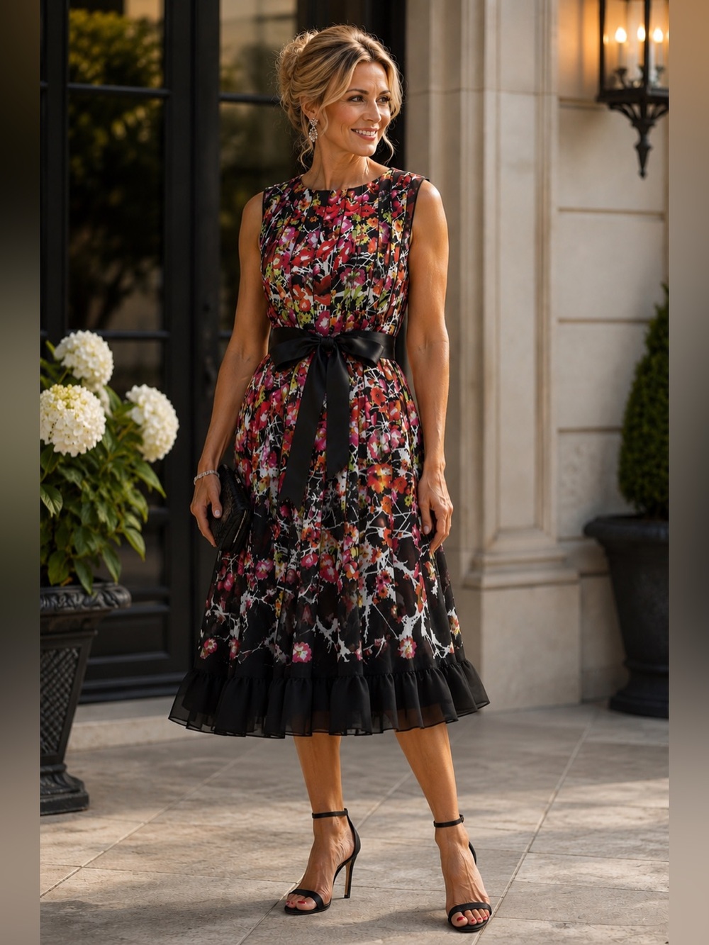 Rickie Freeman for Teri Jon Floral Black Chiffon Sleeveless Dress SZ 12￼